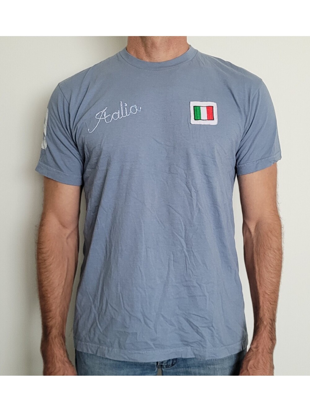 Planet Men's Large Blue Italia Italy Soccer Futbol Graphic T-Shirt Made in USA